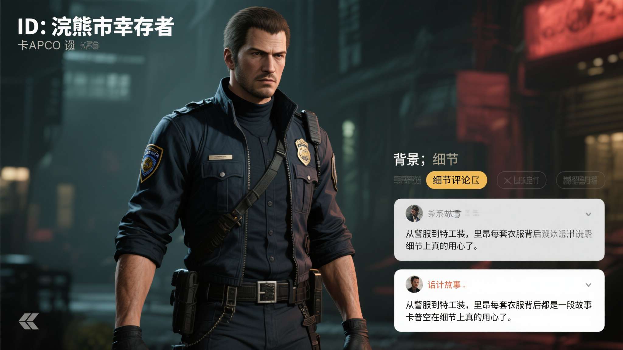 重生94:从菜鸟警察到刑侦专家 一位ID为"浣熊市幸存者"的玩家评论道:"从警服到特工装,里昂每套衣服背后都是一